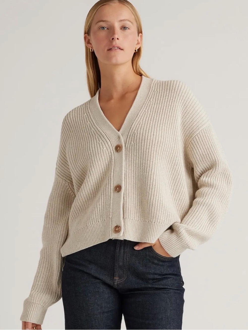 Quince 100% Organic Cotton Fisherman Boxy Cropped Cardigan Size Small - Picture 1 of 7
